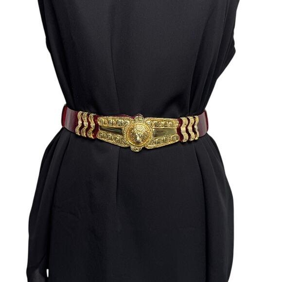 Judith Leiber vintage Lion's Head belt burgundy red leather & gold adjustable OS - Picture 2 of 10